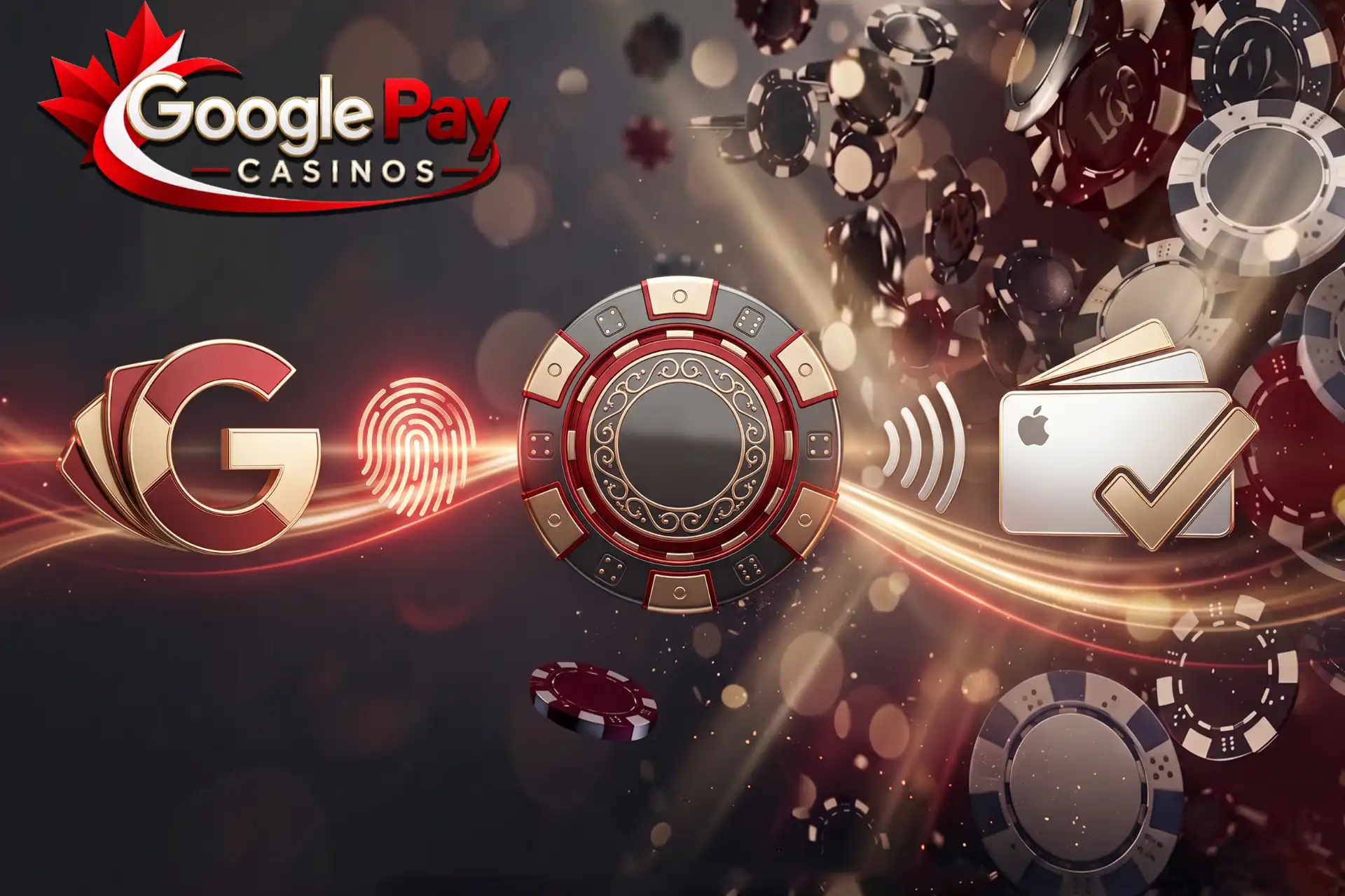 Comparison of mobile payment methods on Android and iOS, shown through a central casino chip linking Google and Apple digital wallet icons.
