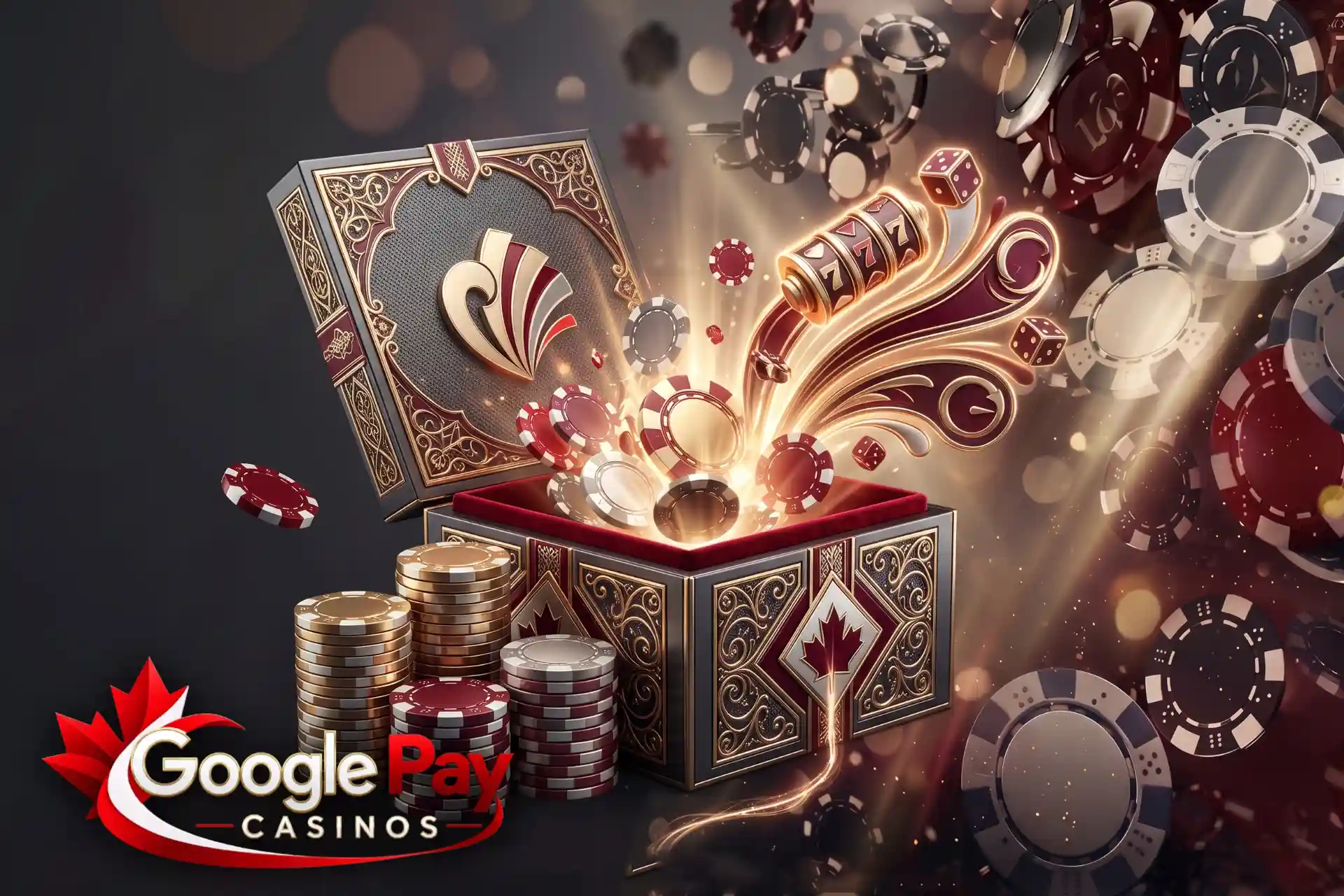 Exciting welcome bonuses and promotions on Google Pay Casinos, featured as an ornate gift box exploding with golden coins, dice, and 777 slot reels.