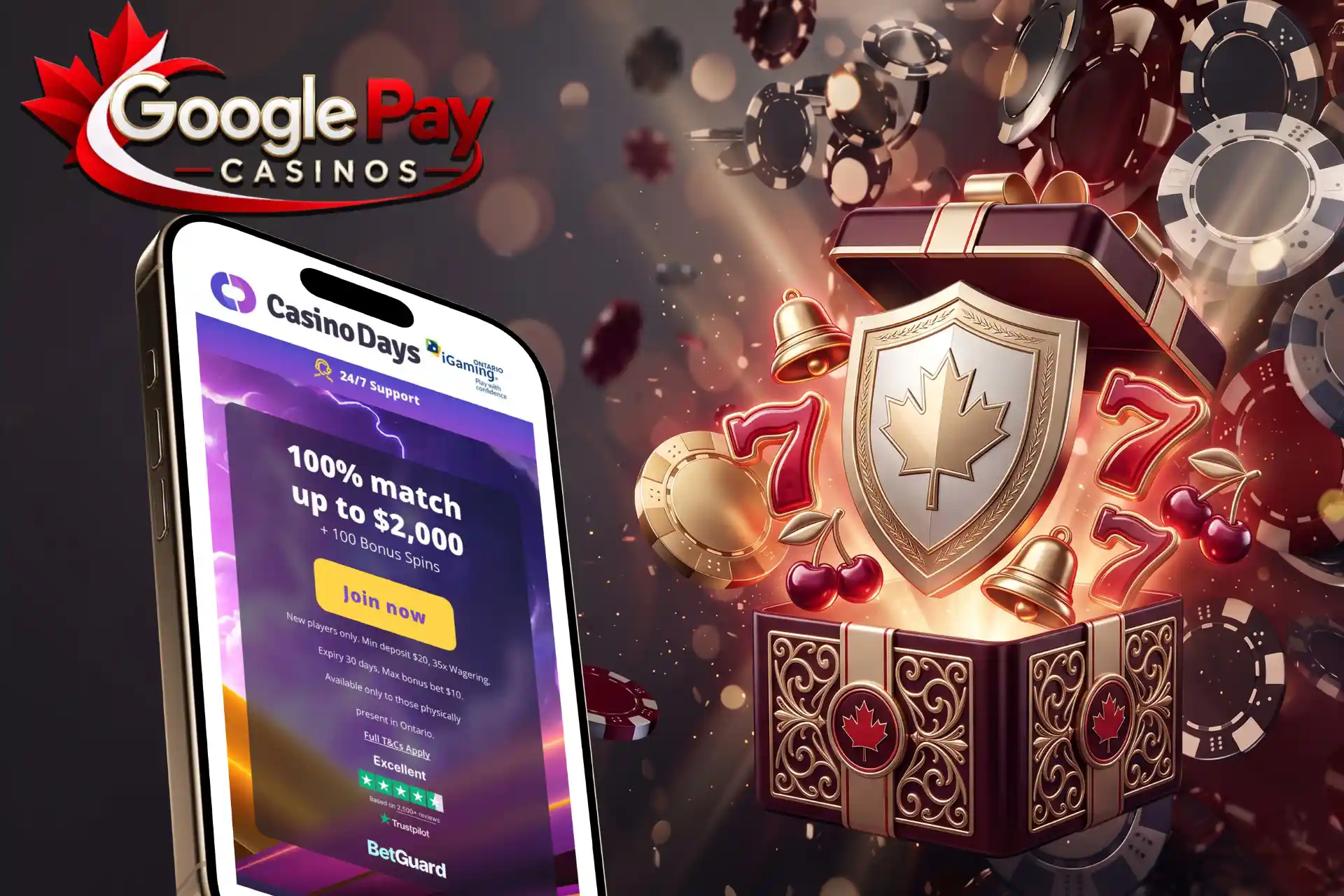Licensed Canadian online casino promotions, presented on a mobile device beside a gift box with a maple leaf shield, lucky sevens, and bells.