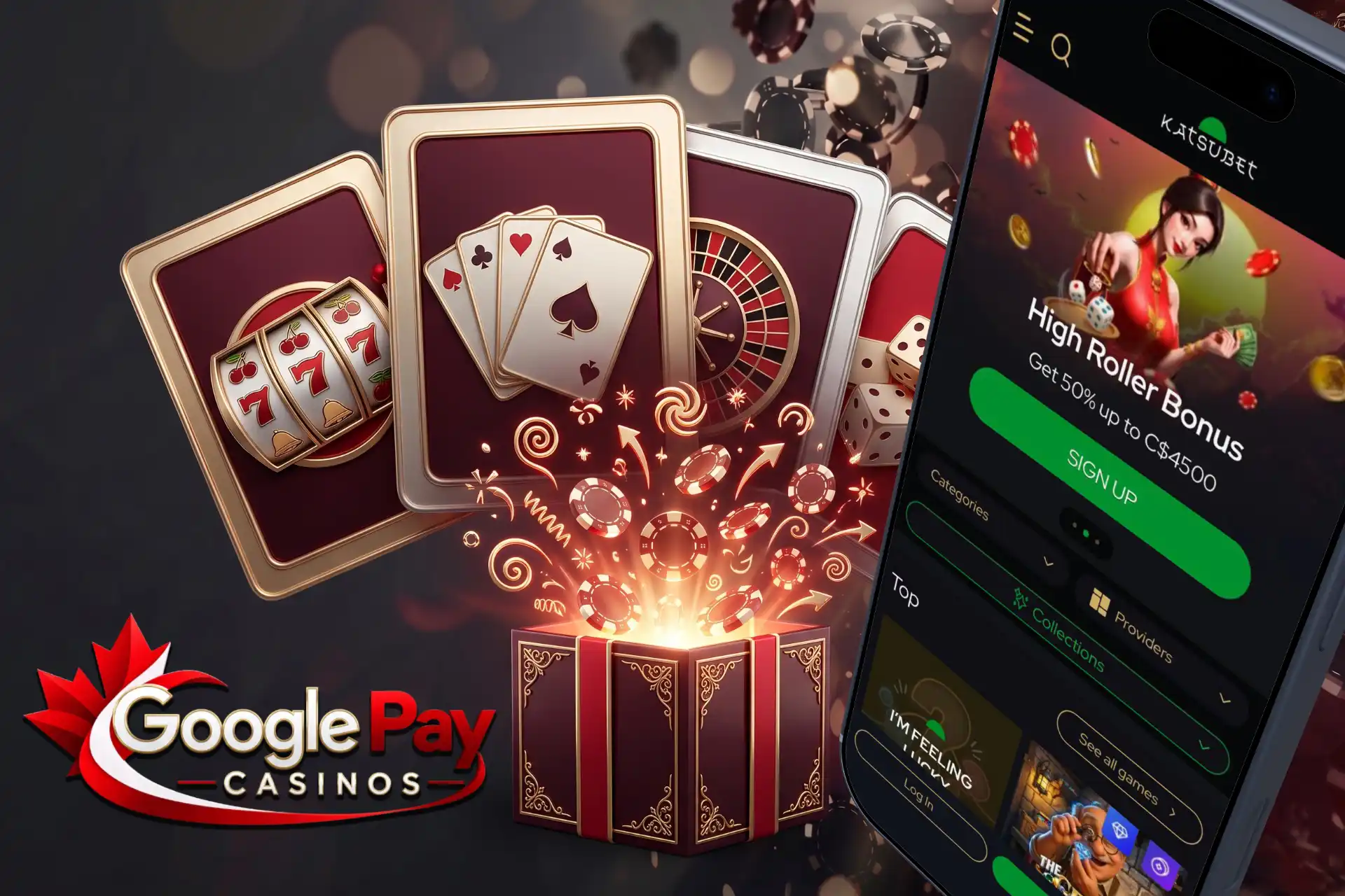 High roller bonus offers on Google Pay Casinos, featured on a smartphone screen beside an exploding gift box with slot reels and playing cards.