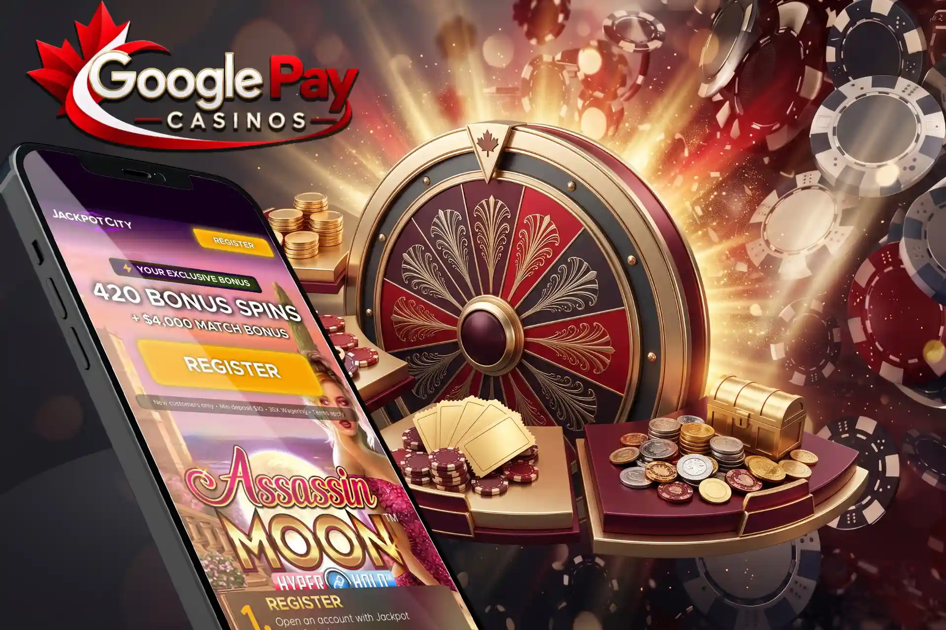 Exclusive casino bonus spins and deposit match rewards, presented on a phone screen beside a prize wheel, treasure chest, and golden cards.