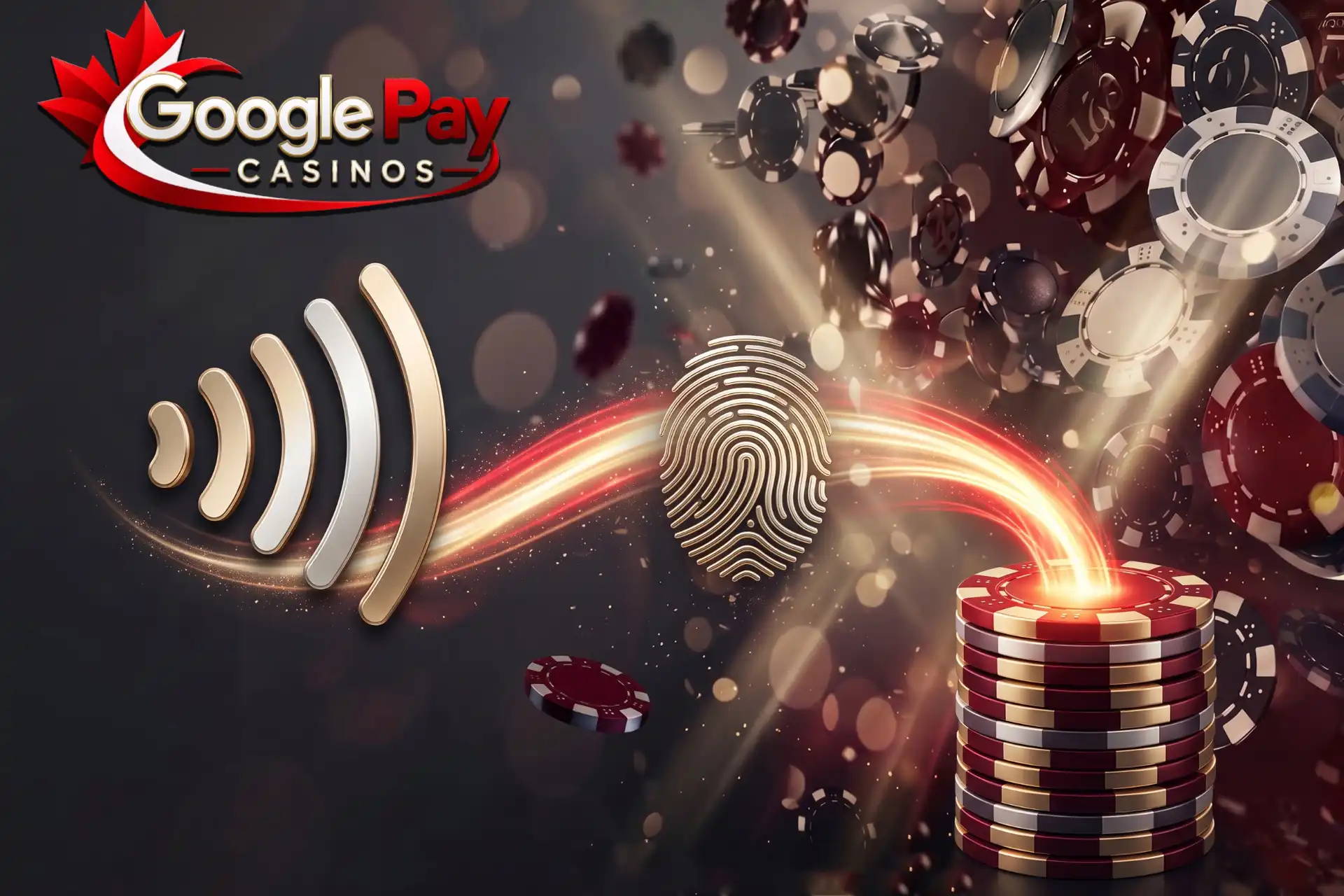 Fast deposit process at Google Pay Casinos, illustrated by contactless payment waves and a glowing fingerprint transferring into stacked chips.